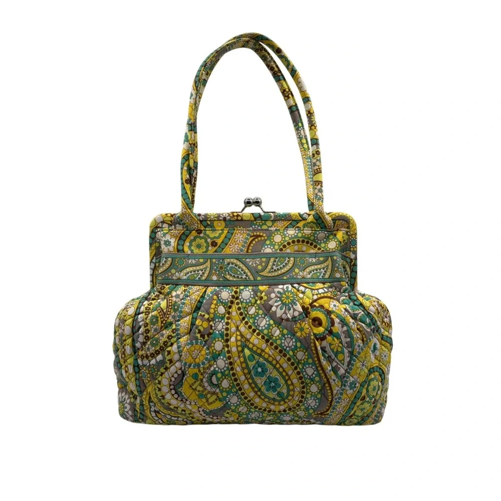 Vera‎ Bradley Frame Bag Womens Medium Yellow Green Paisley Excellent Kiss Lock